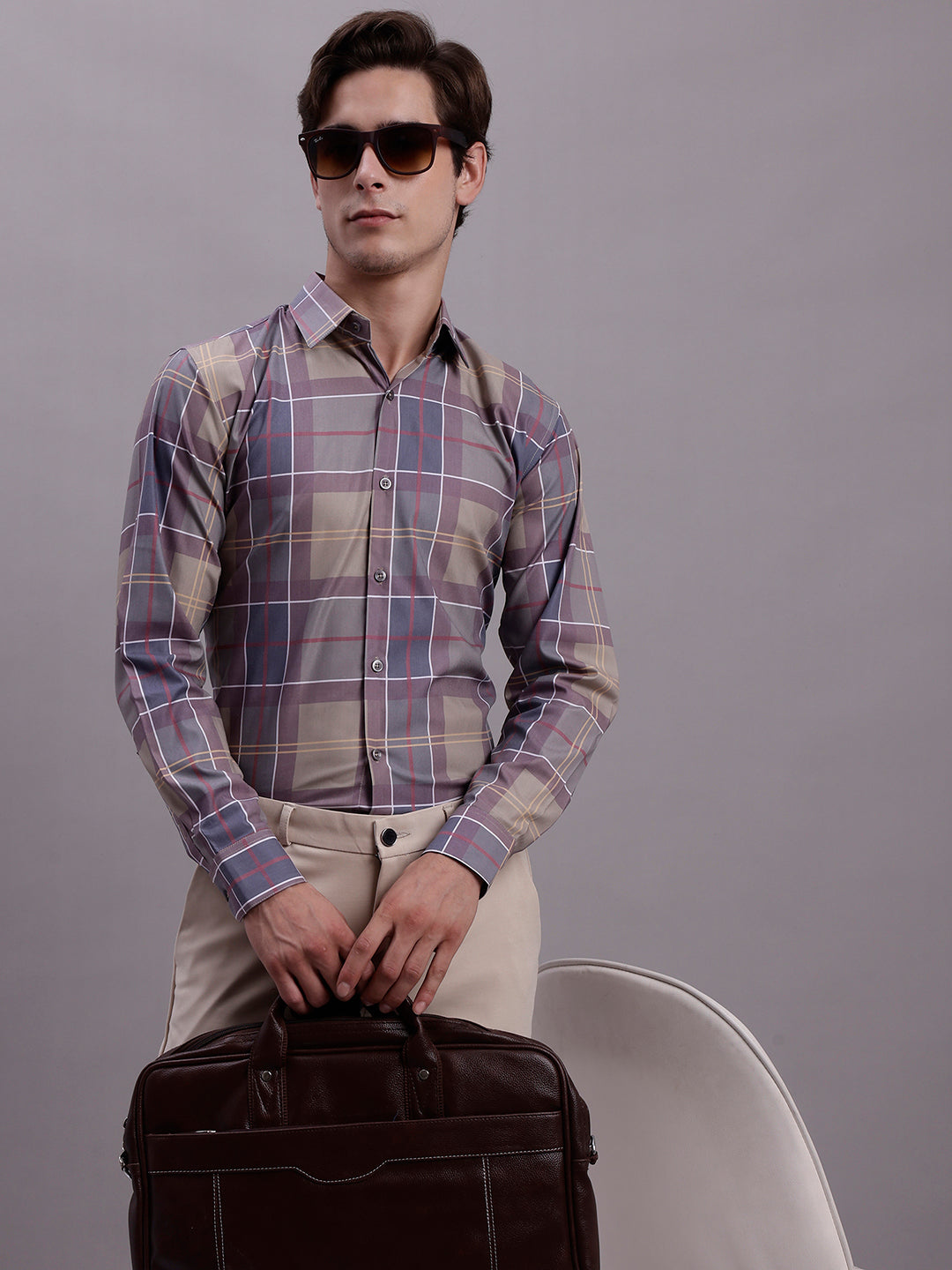 Jainish Men's Cotton Blend Checked Formal Shirt - Brown | Grocsy