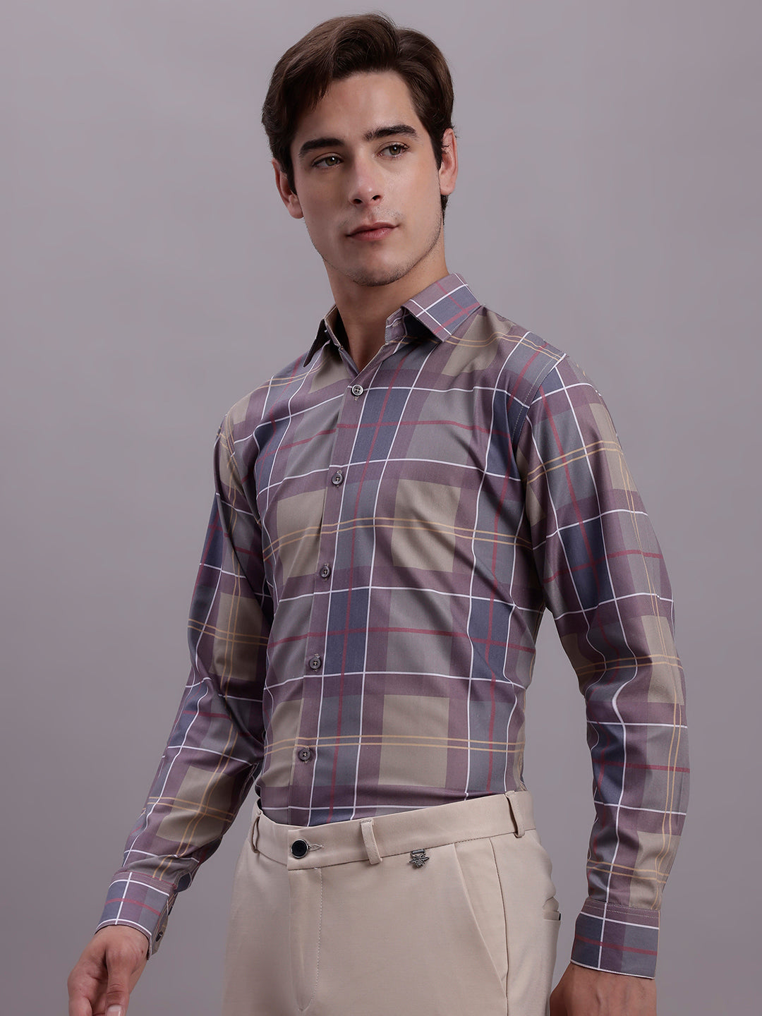 Jainish Men's Cotton Blend Checked Formal Shirt - Brown | Grocsy