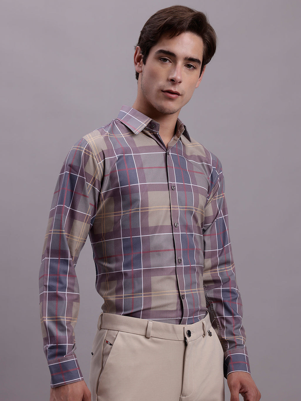 Jainish Men's Cotton Blend Checked Formal Shirt - Brown | Grocsy