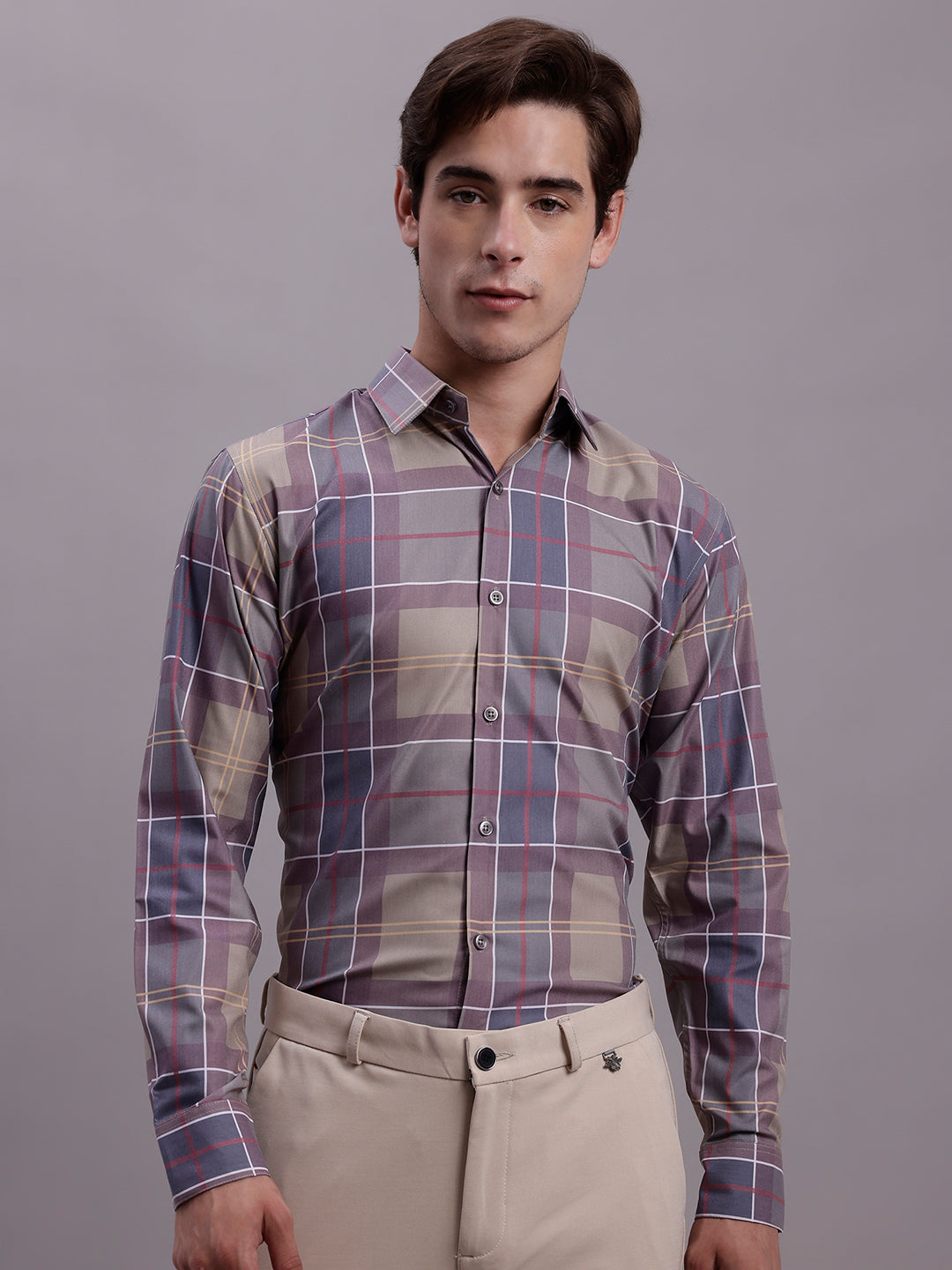 Jainish Men's Cotton Blend Checked Formal Shirt - Brown | Grocsy