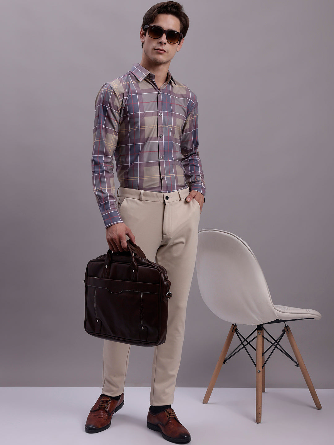 Jainish Men's Cotton Blend Checked Formal Shirt - Brown | Grocsy