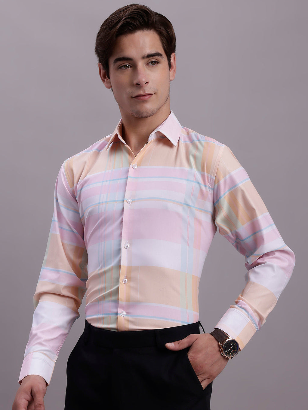 Jainish Men's Cotton Blend Checked Formal Shirt - Pink | Grocsy