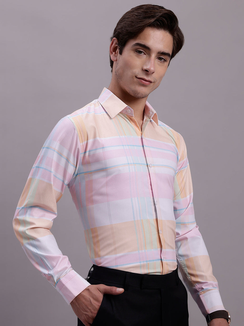 Jainish Men's Cotton Blend Checked Formal Shirt - Pink | Grocsy