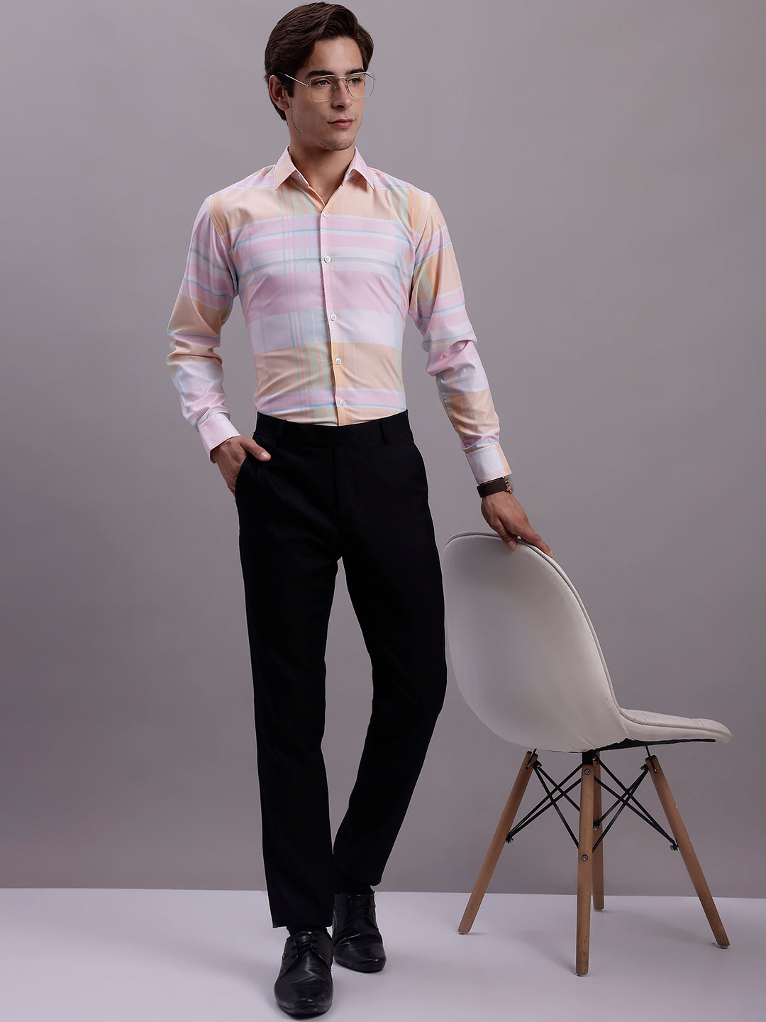Jainish Men's Cotton Blend Checked Formal Shirt - Pink | Grocsy