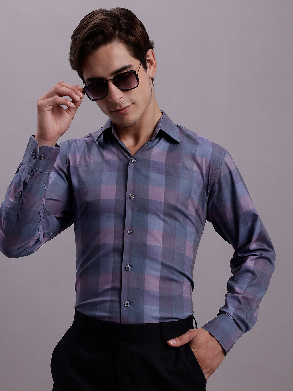 Jainish Men's Cotton Blend Checked Formal Shirt - Purple | Grocsy