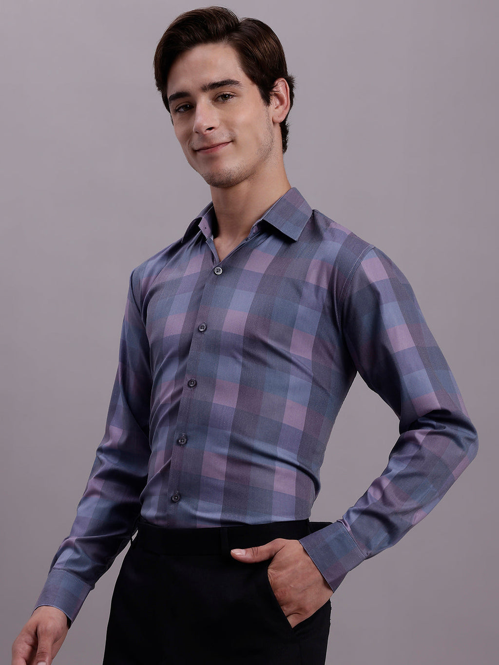 Jainish Men's Cotton Blend Checked Formal Shirt - Purple | Grocsy