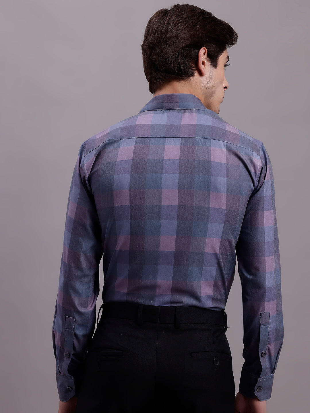 Jainish Men's Cotton Blend Checked Formal Shirt - Purple | Grocsy
