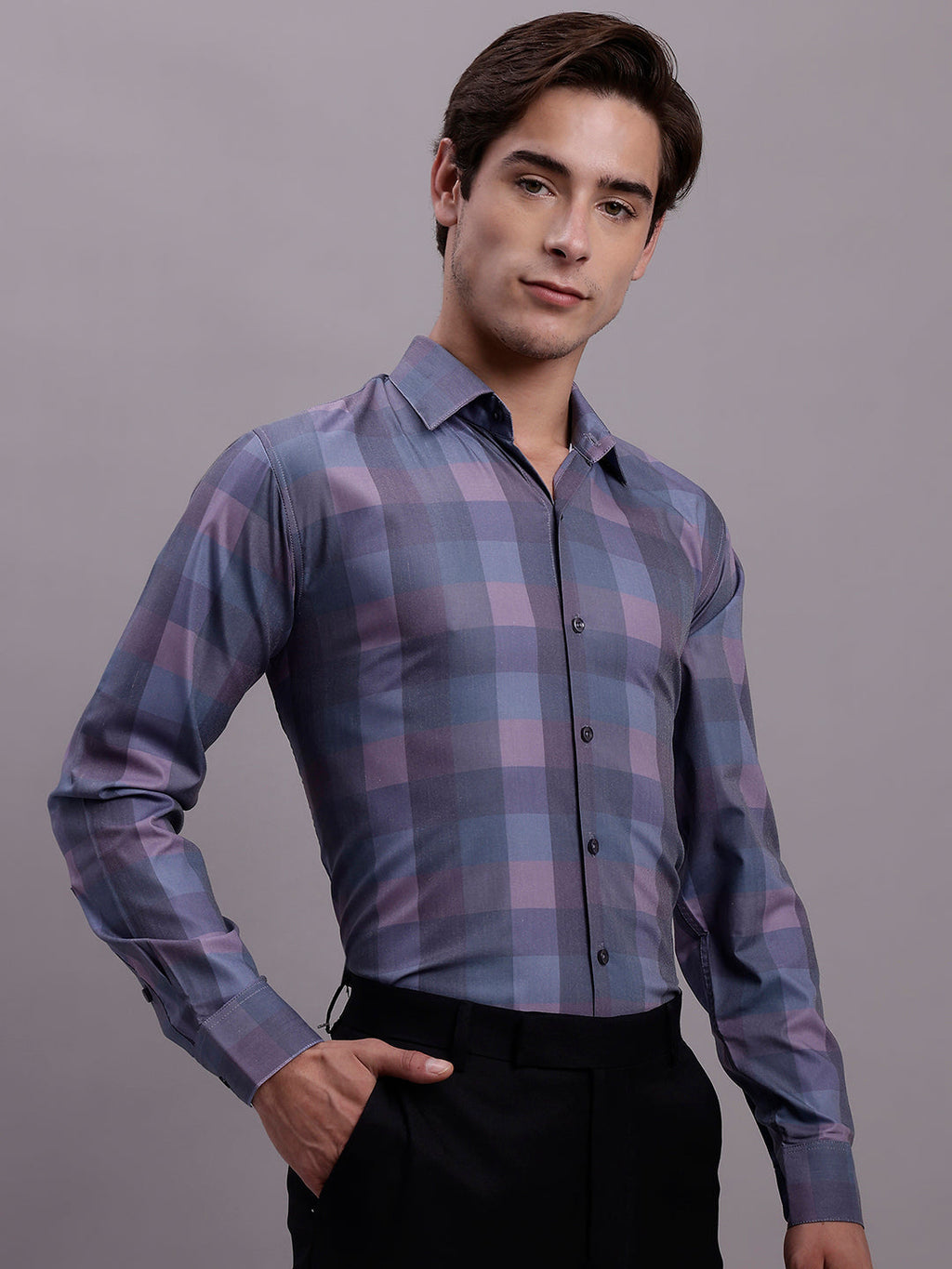 Jainish Men's Cotton Blend Checked Formal Shirt - Purple | Grocsy