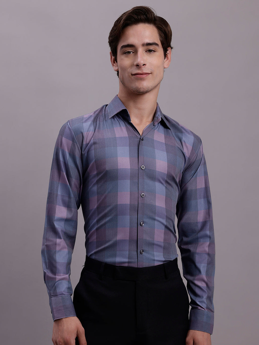 Jainish Men's Cotton Blend Checked Formal Shirt - Purple | Grocsy