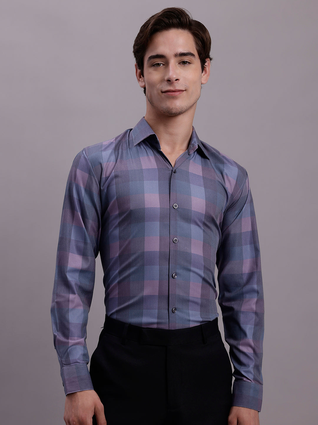 Jainish Men's Cotton Blend Checked Formal Shirt - Purple | Grocsy