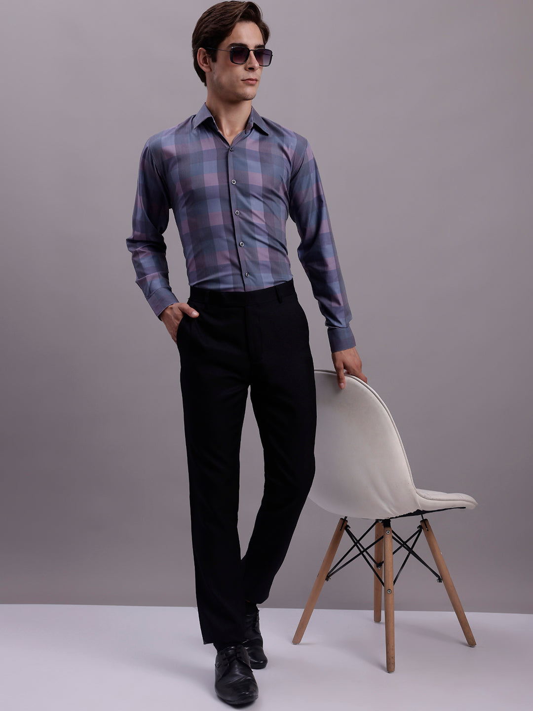 Jainish Men's Cotton Blend Checked Formal Shirt - Purple | Grocsy