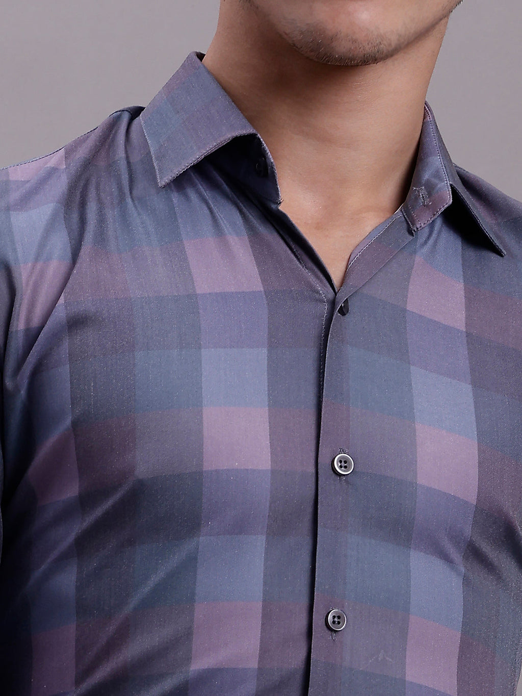 Jainish Men's Cotton Blend Checked Formal Shirt - Purple | Grocsy