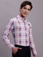 Jainish Men's Cotton Blend Checked Formal Shirt - Wine | Grocsy