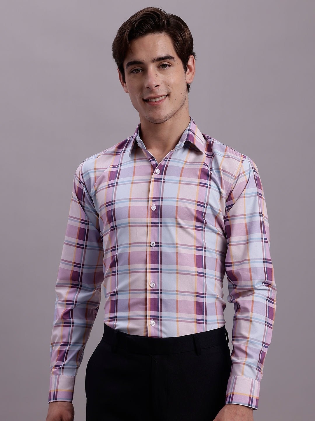 Jainish Men's Cotton Blend Checked Formal Shirt - Wine | Grocsy