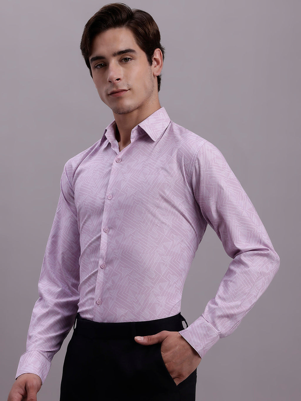 Jainish Men's Geomatric Printed Cotton Blend Formal Shirt - Light-Purple | Grocsy