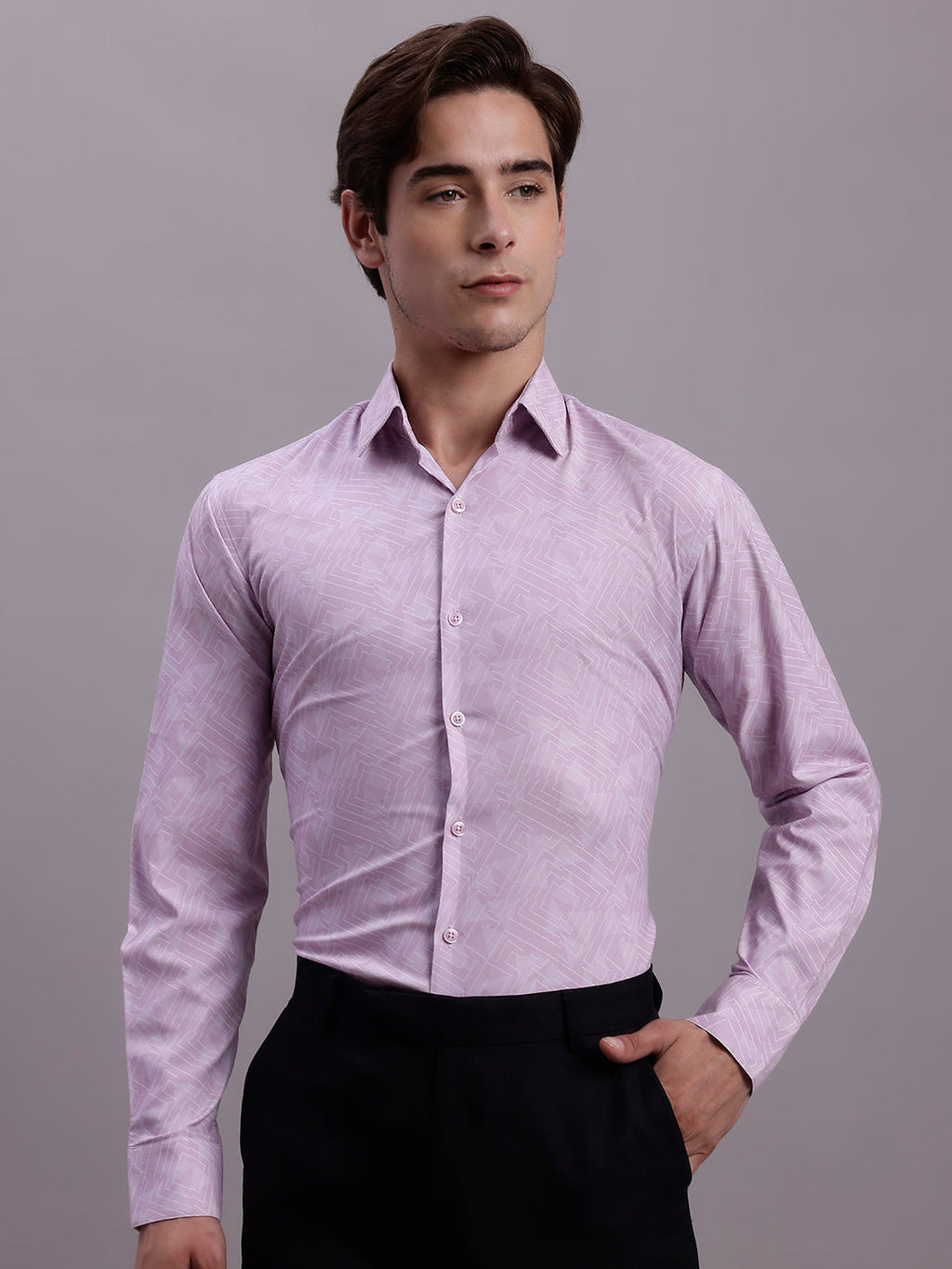 Jainish Men's Geomatric Printed Cotton Blend Formal Shirt - Light-Purple | Grocsy