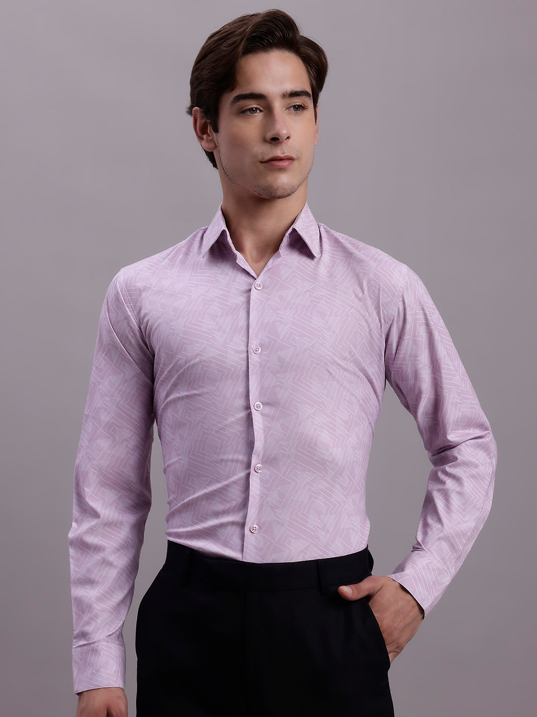 Jainish Men's Geomatric Printed Cotton Blend Formal Shirt - Light-Purple | Grocsy