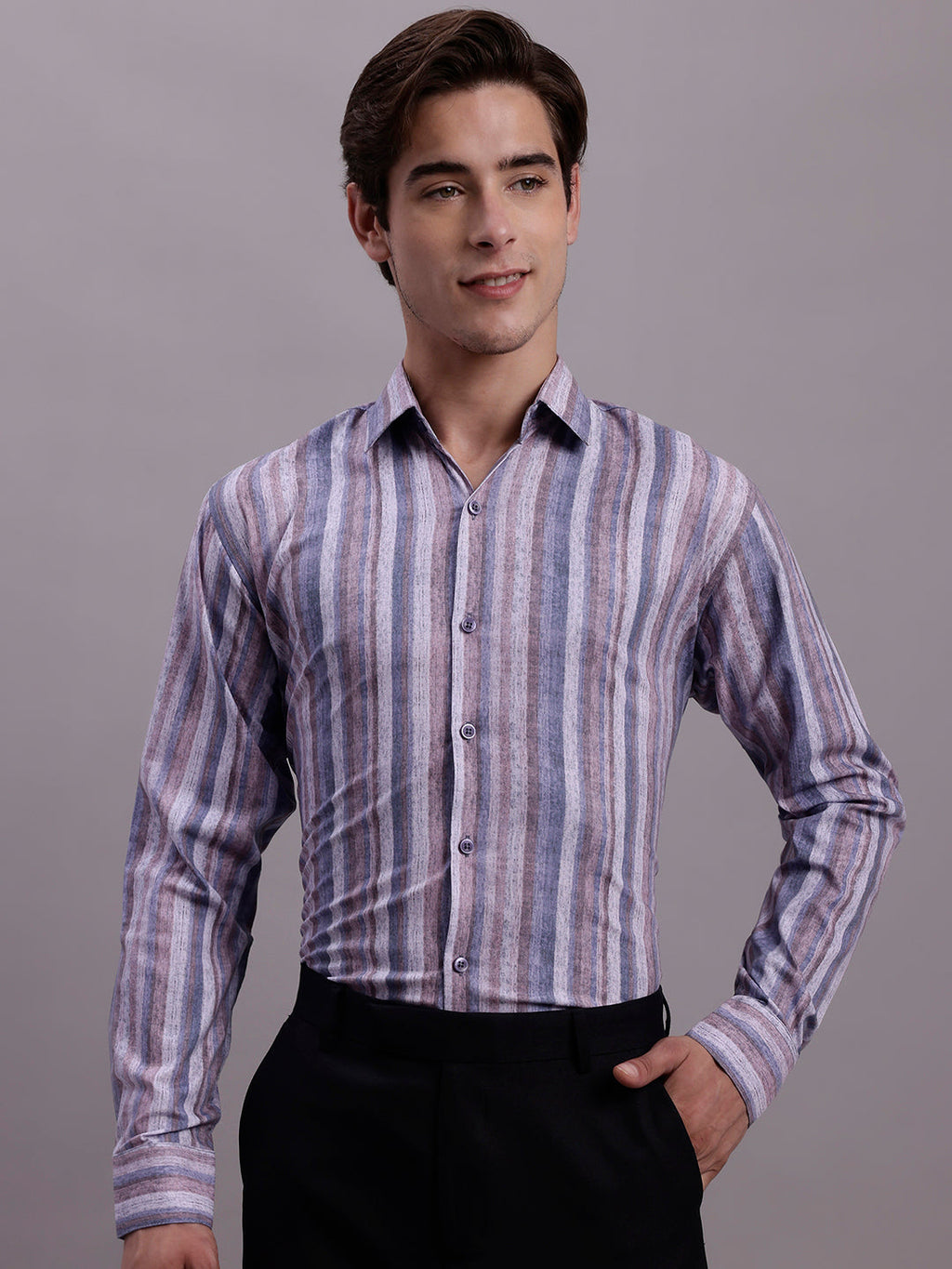 Jainish Men's Cotton Blend Striped Formal Shirt - Purple | Grocsy
