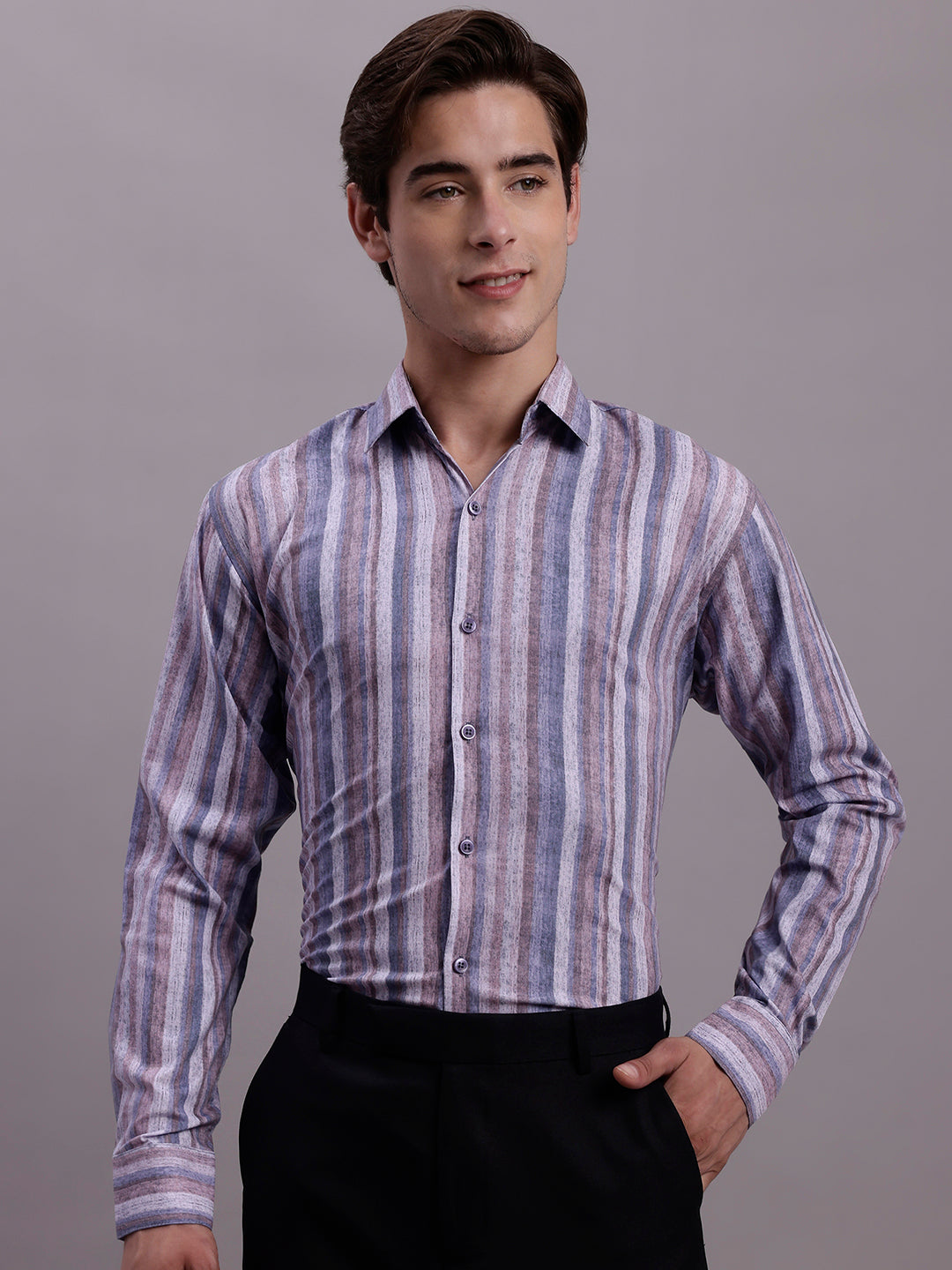 Jainish Men's Cotton Blend Striped Formal Shirt - Purple | Grocsy