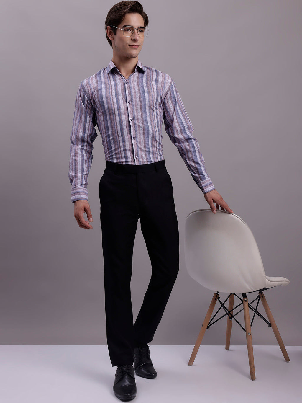 Jainish Men's Cotton Blend Striped Formal Shirt - Purple | Grocsy