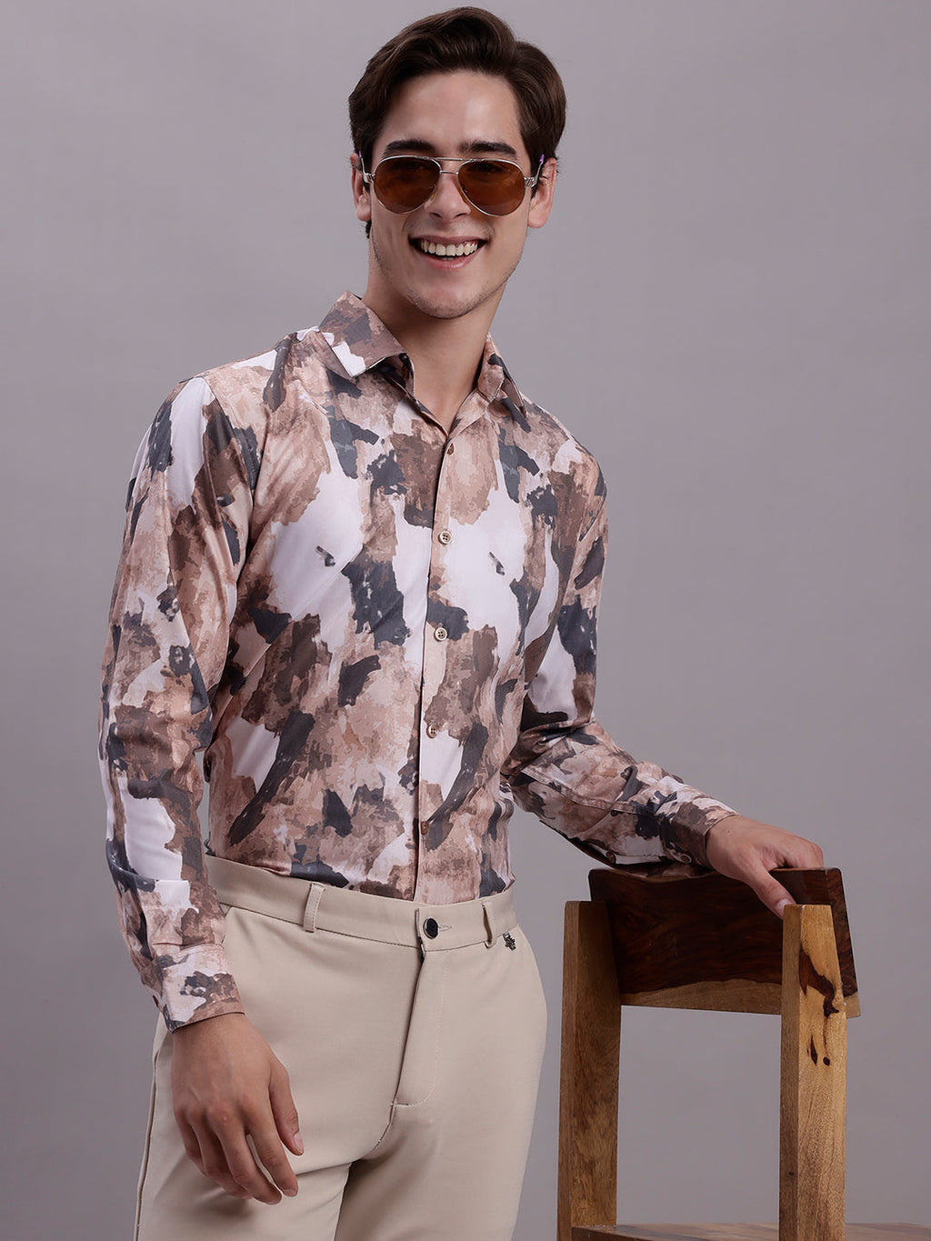 Jainish Men's Printed Formal Shirt - Brown | Grocsy