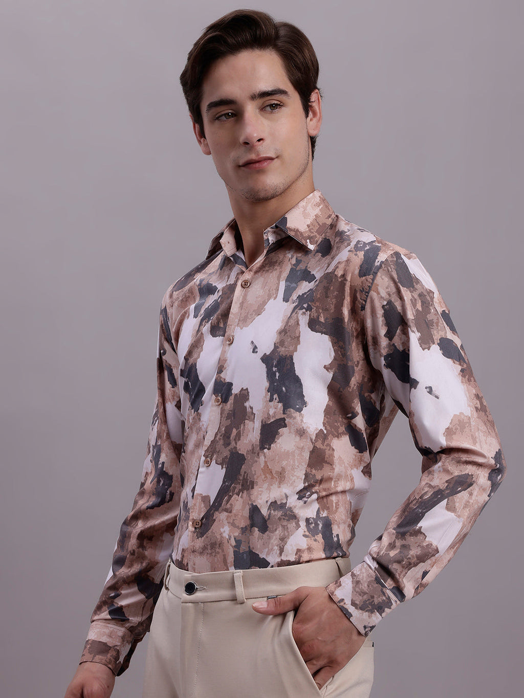 Jainish Men's Printed Formal Shirt - Brown | Grocsy