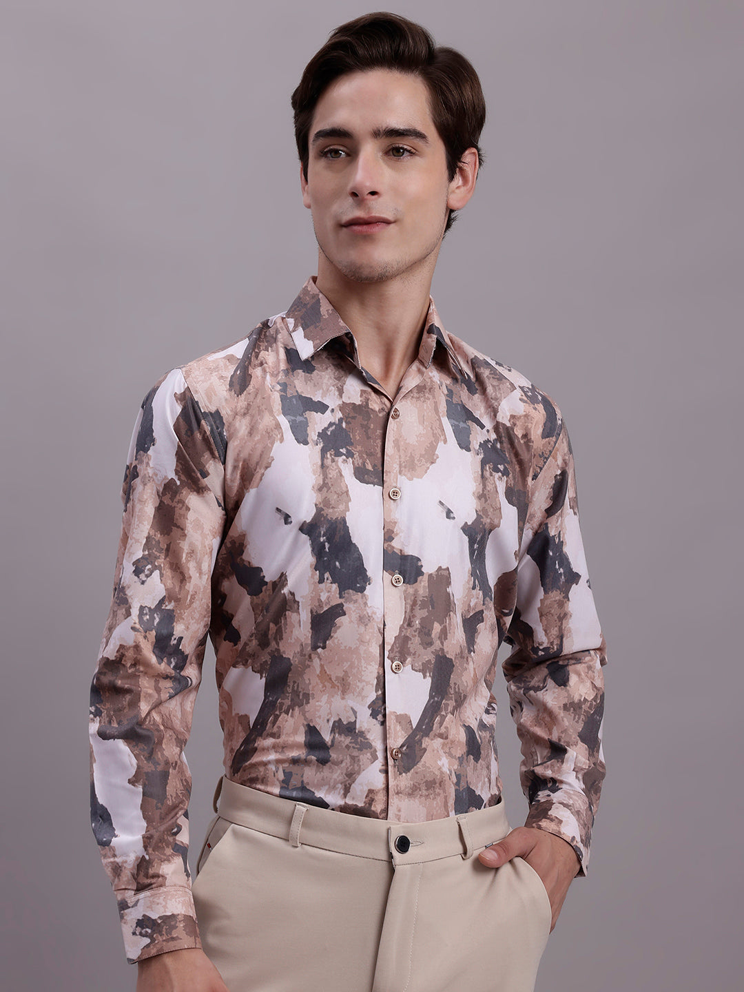 Jainish Men's Printed Formal Shirt - Brown | Grocsy