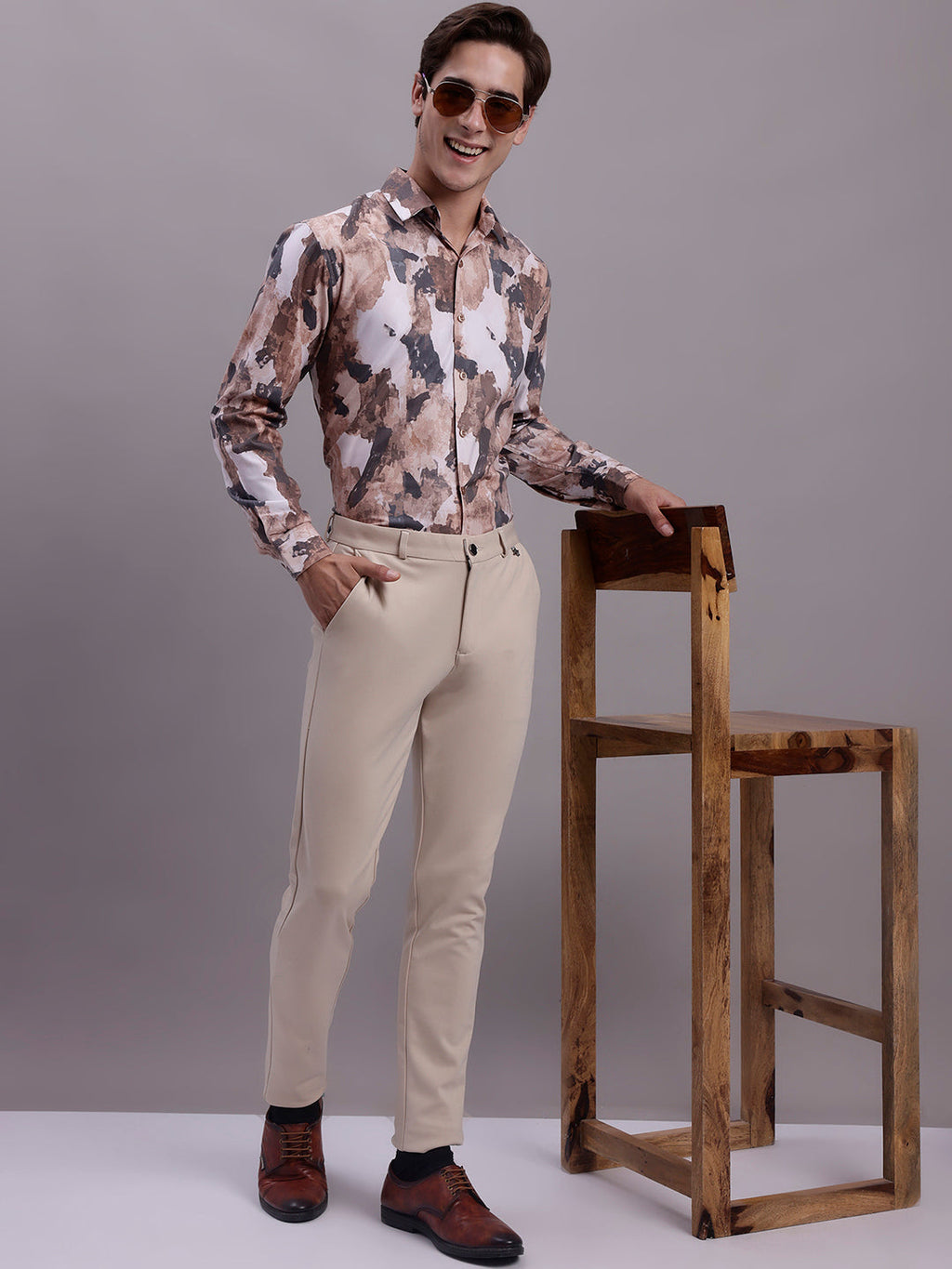 Jainish Men's Printed Formal Shirt - Brown | Grocsy