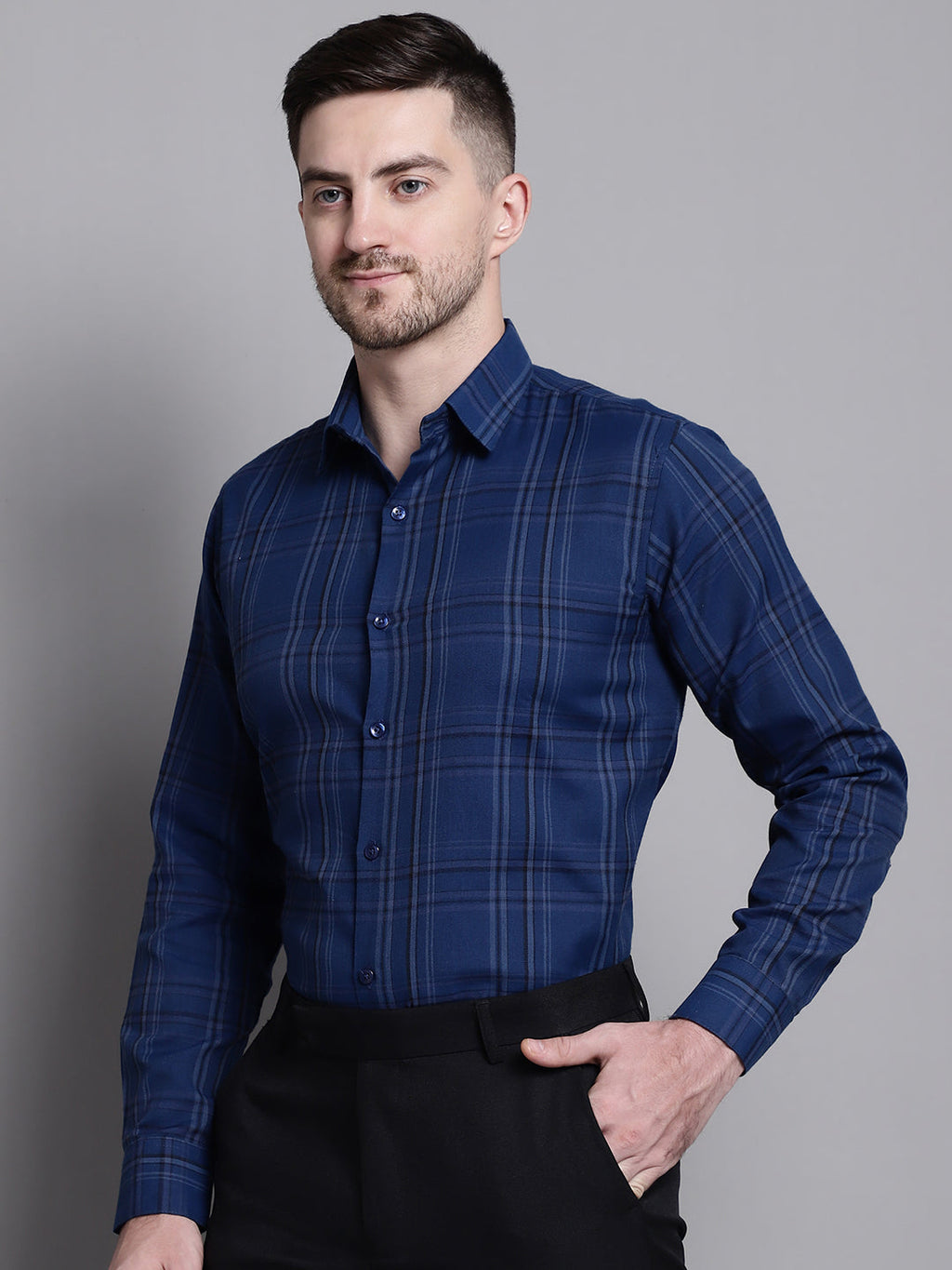Jainish Men's Classic Checks Formal Shirt - Blue | Grocsy