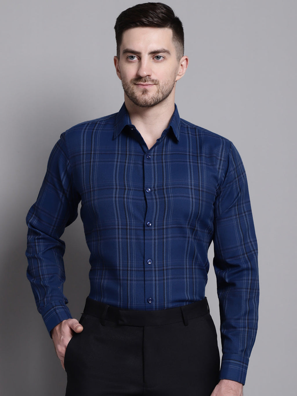Jainish Men's Classic Checks Formal Shirt - Blue | Grocsy