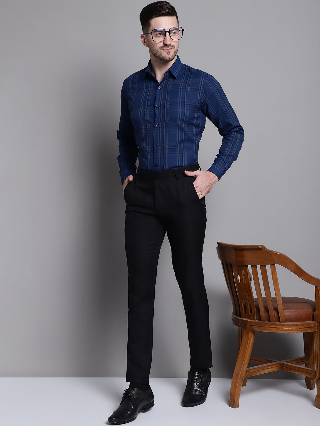 Jainish Men's Classic Checks Formal Shirt - Blue | Grocsy