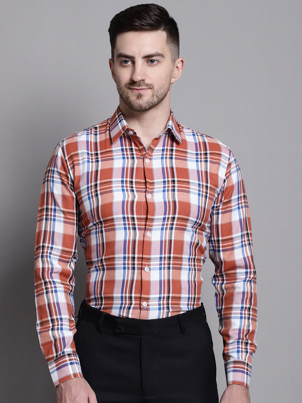 Jainish Men's Classic Checks Formal Shirt - Brown | Grocsy