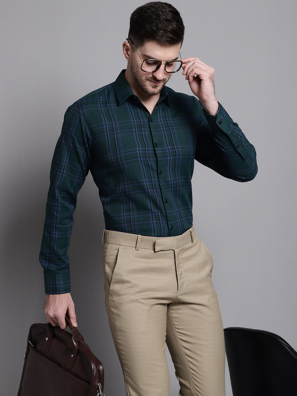 Jainish Men's Classic Checks Formal Shirt - Green | Grocsy