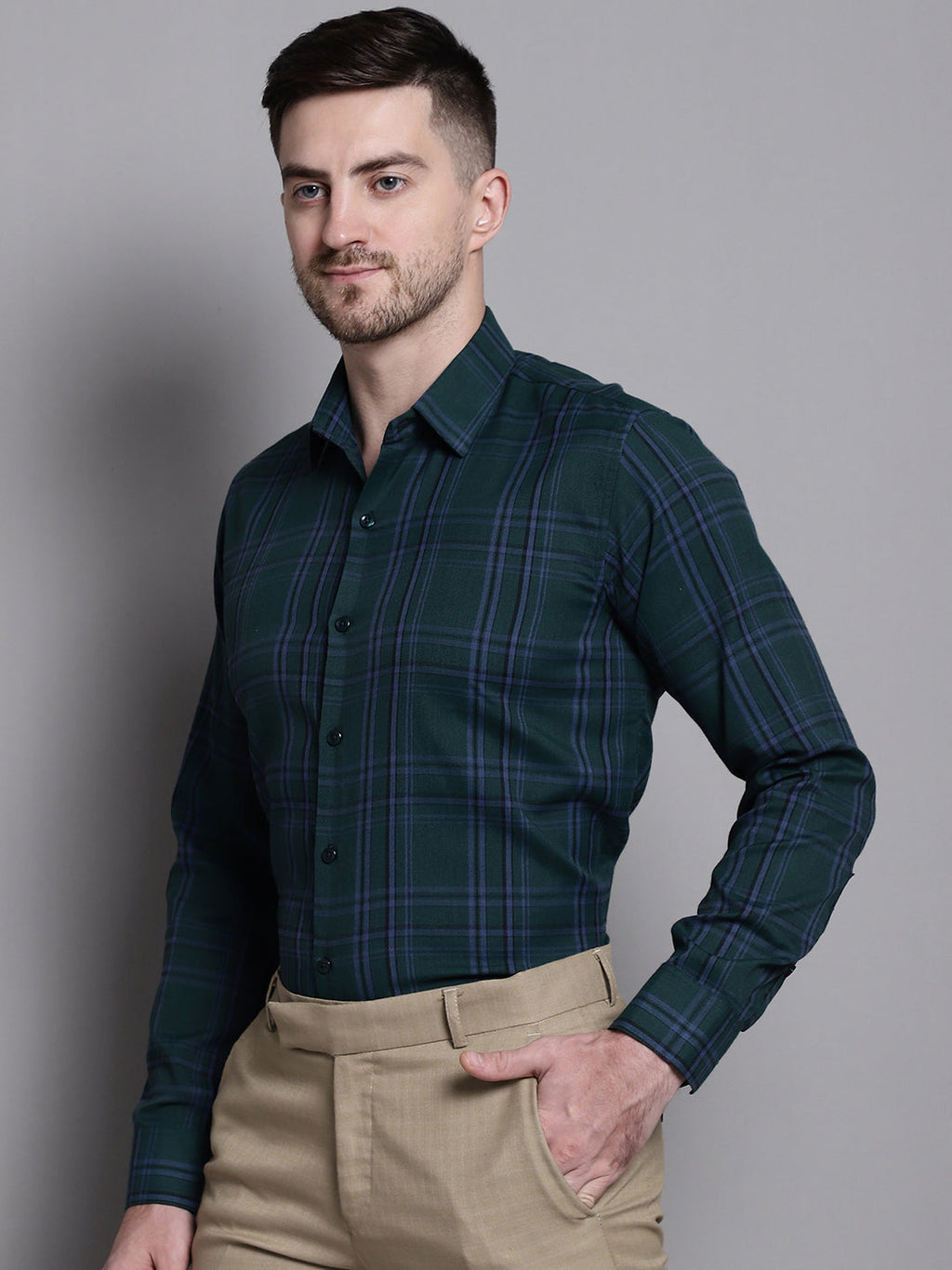 Jainish Men's Classic Checks Formal Shirt - Green | Grocsy