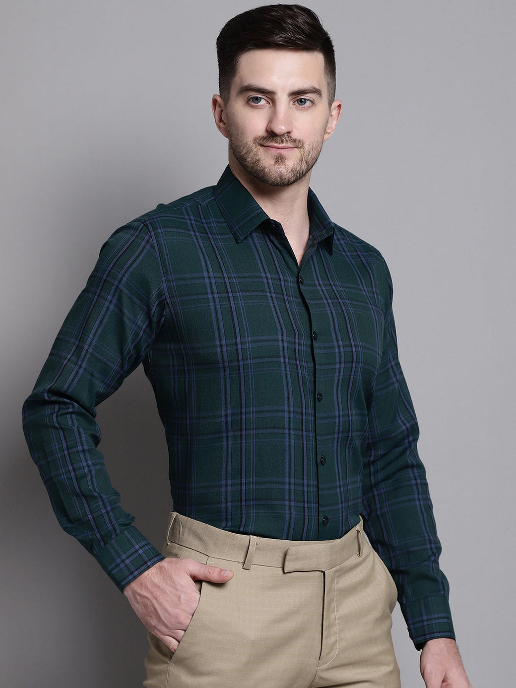 Jainish Men's Classic Checks Formal Shirt - Green | Grocsy