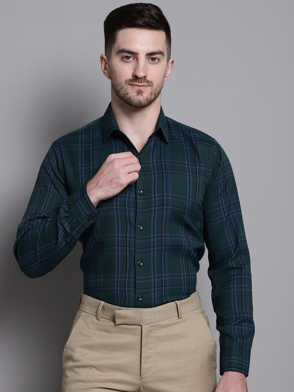 Jainish Men's Classic Checks Formal Shirt - Green | Grocsy