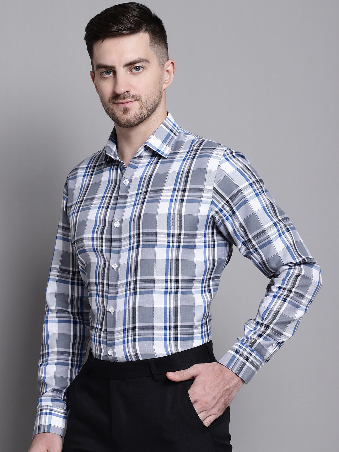 Jainish Men's Classic Checks Formal Shirt - Grey | Grocsy
