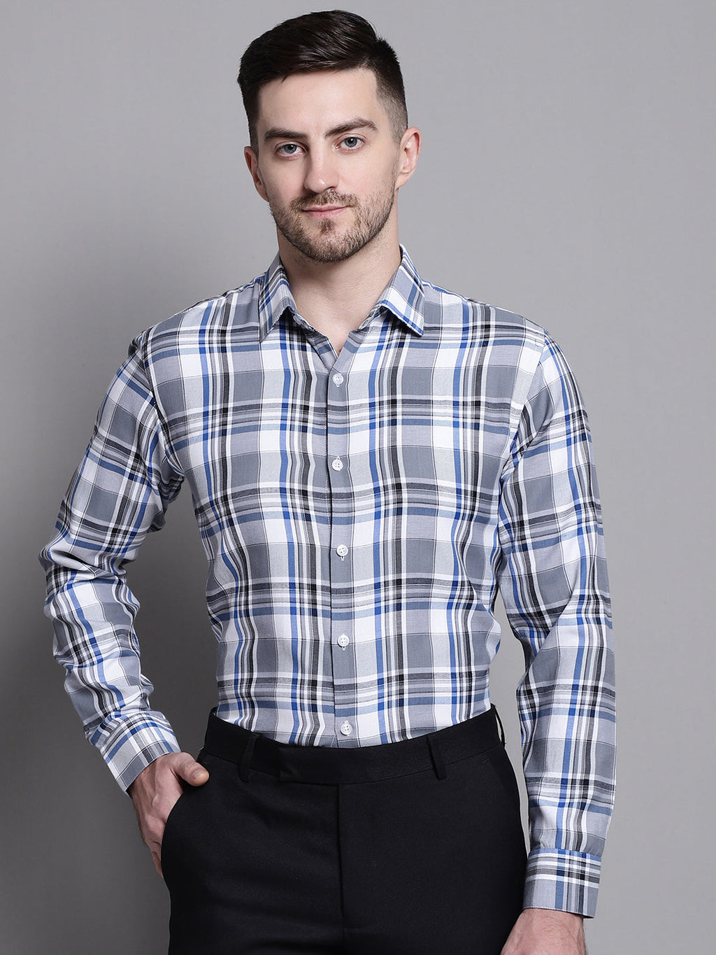 Jainish Men's Classic Checks Formal Shirt - Grey | Grocsy