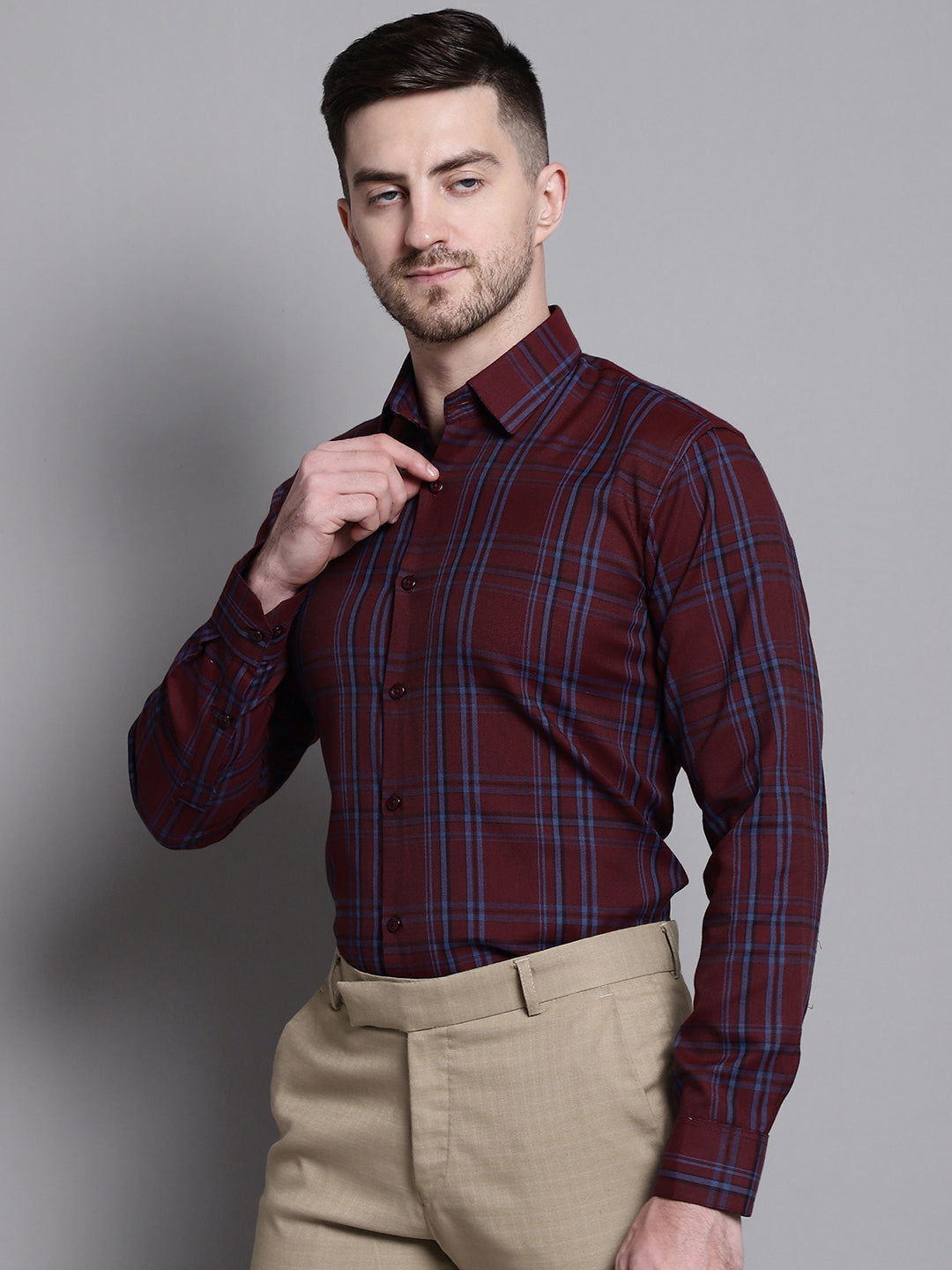 Jainish Men's Classic Checks Formal Shirt - Maroon | Grocsy