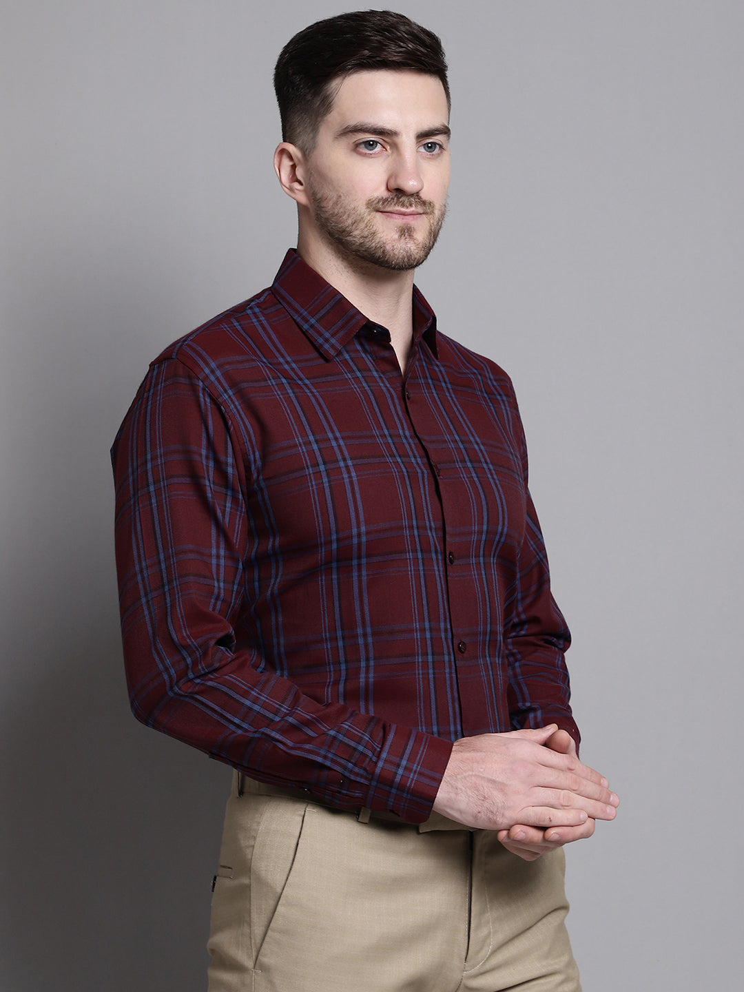 Jainish Men's Classic Checks Formal Shirt - Maroon | Grocsy