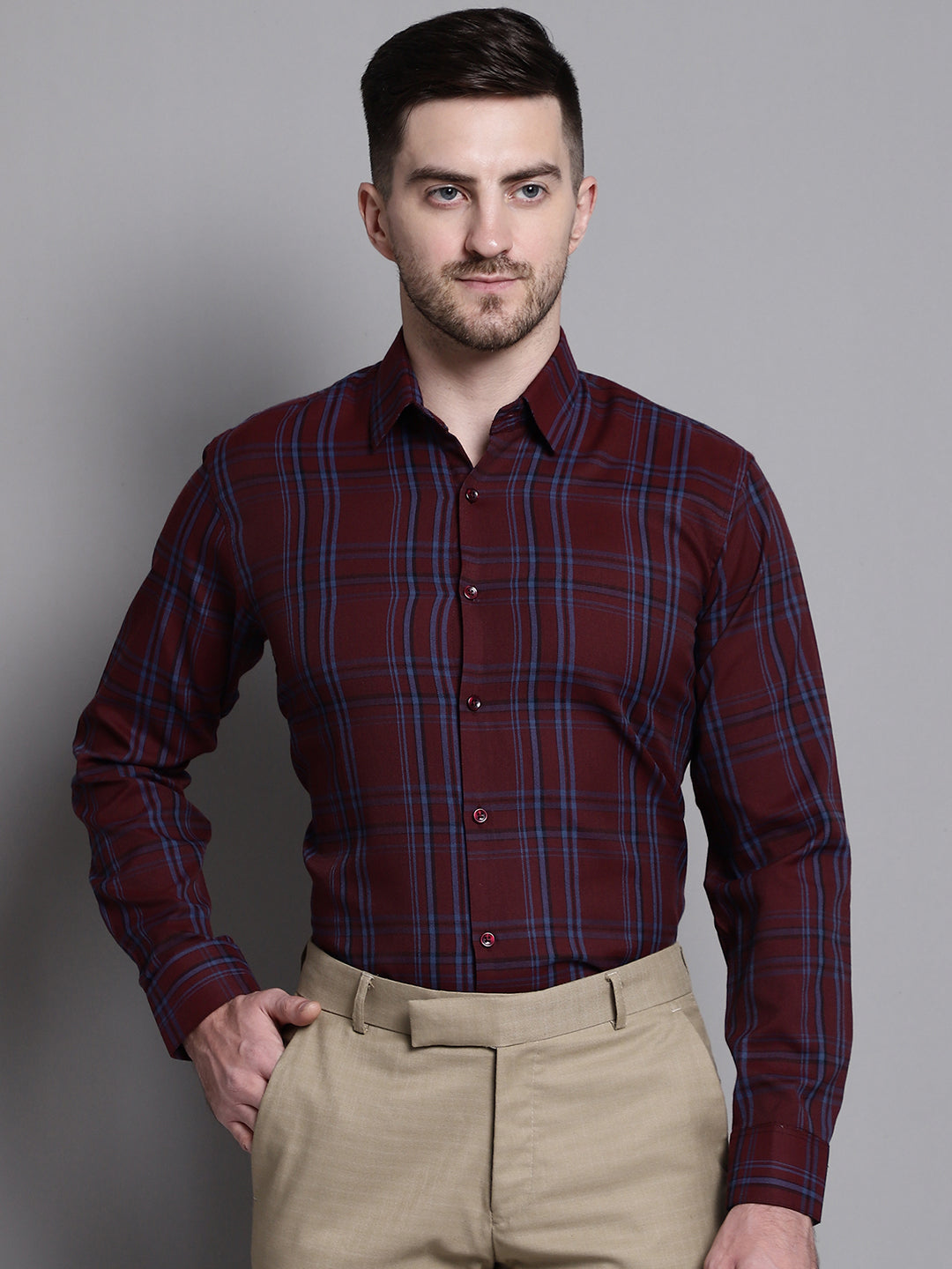 Jainish Men's Classic Checks Formal Shirt - Maroon | Grocsy