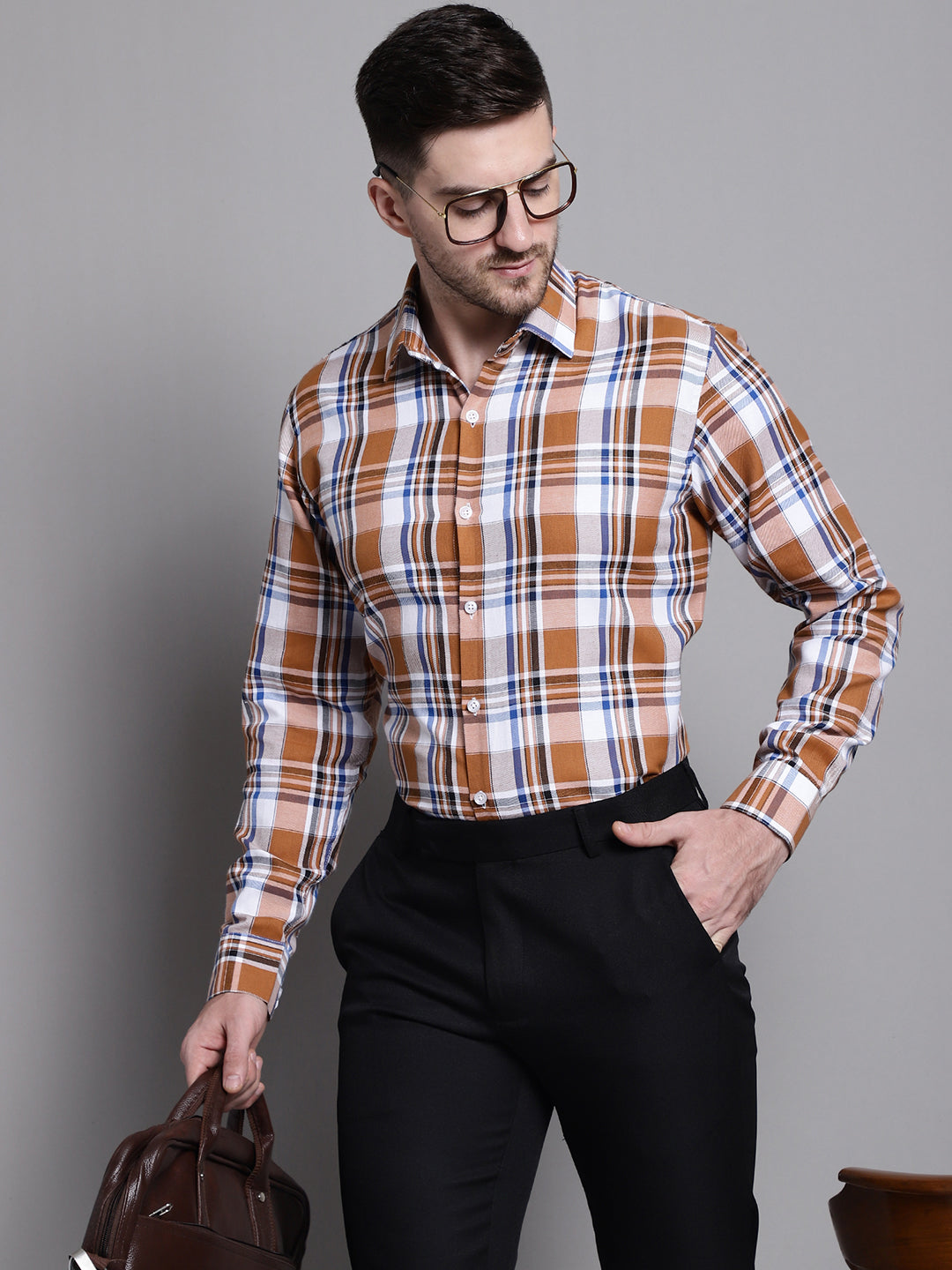 Jainish Men's Classic Checks Formal Shirt - Orange | Grocsy