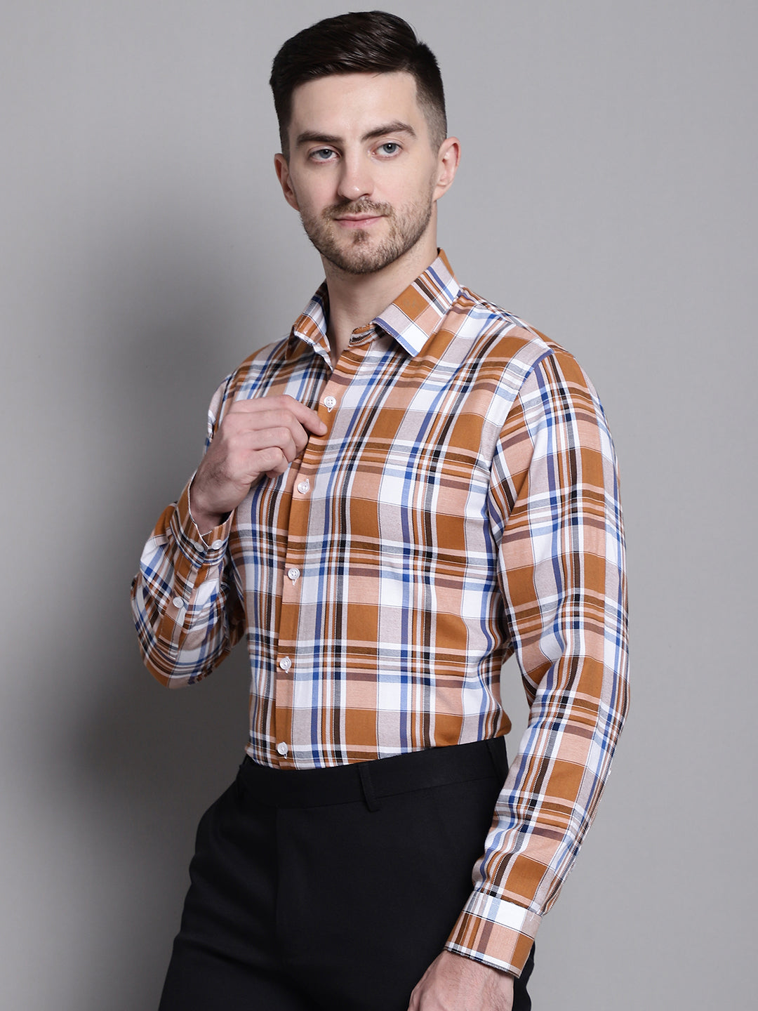 Jainish Men's Classic Checks Formal Shirt - Orange | Grocsy