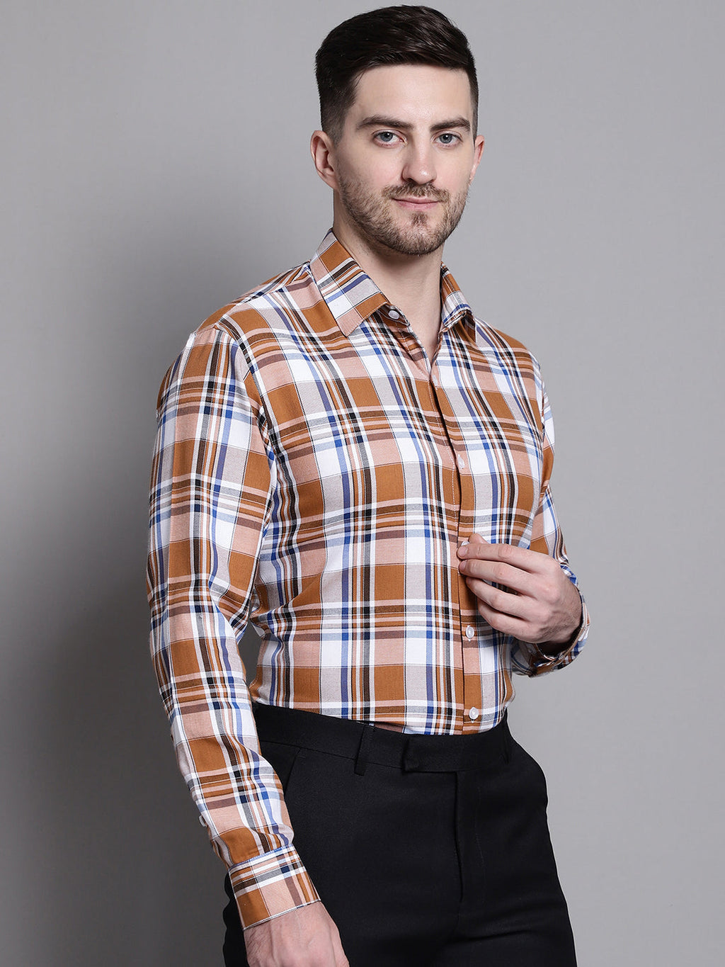 Jainish Men's Classic Checks Formal Shirt - Orange | Grocsy