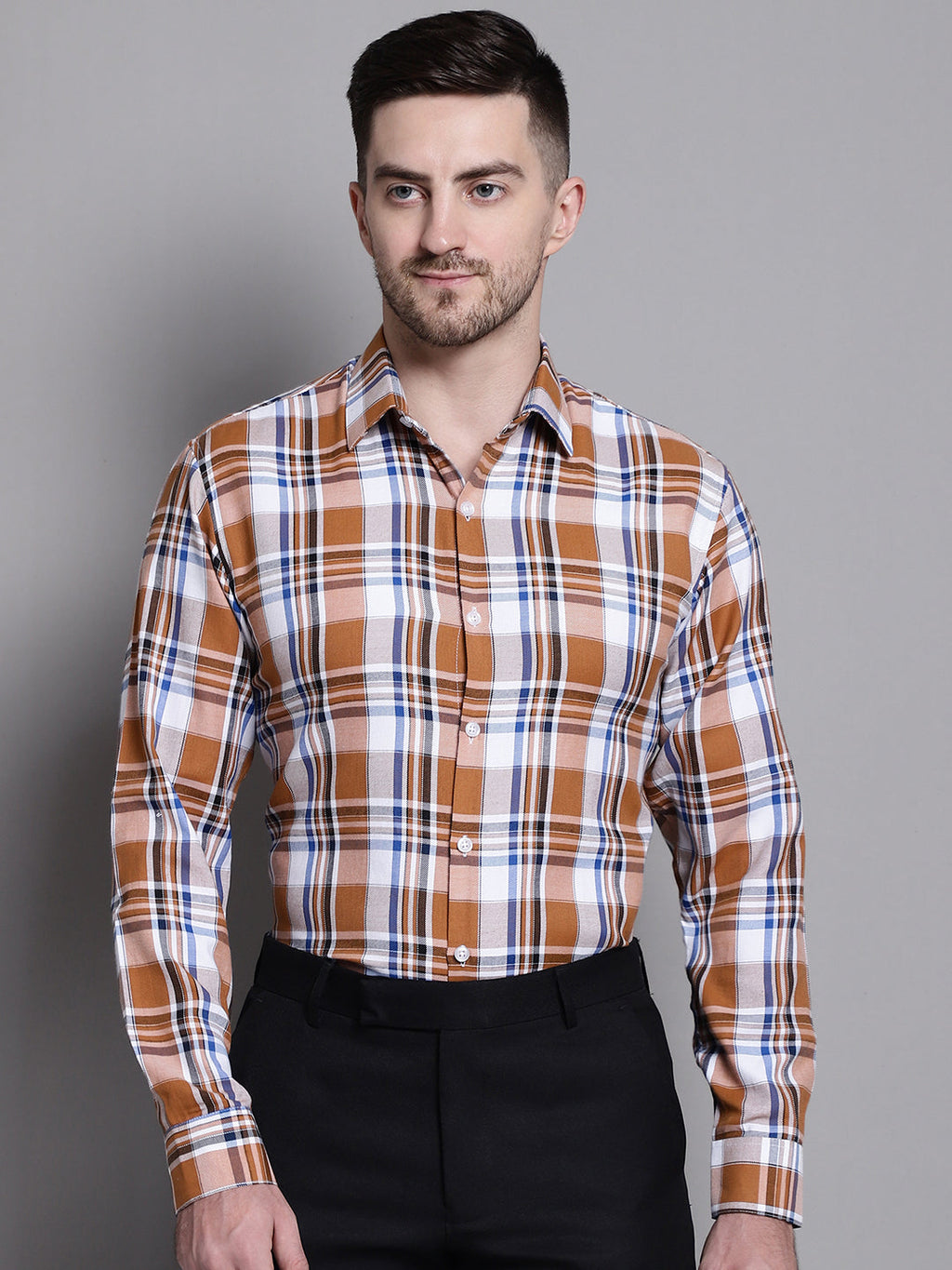 Jainish Men's Classic Checks Formal Shirt - Orange | Grocsy