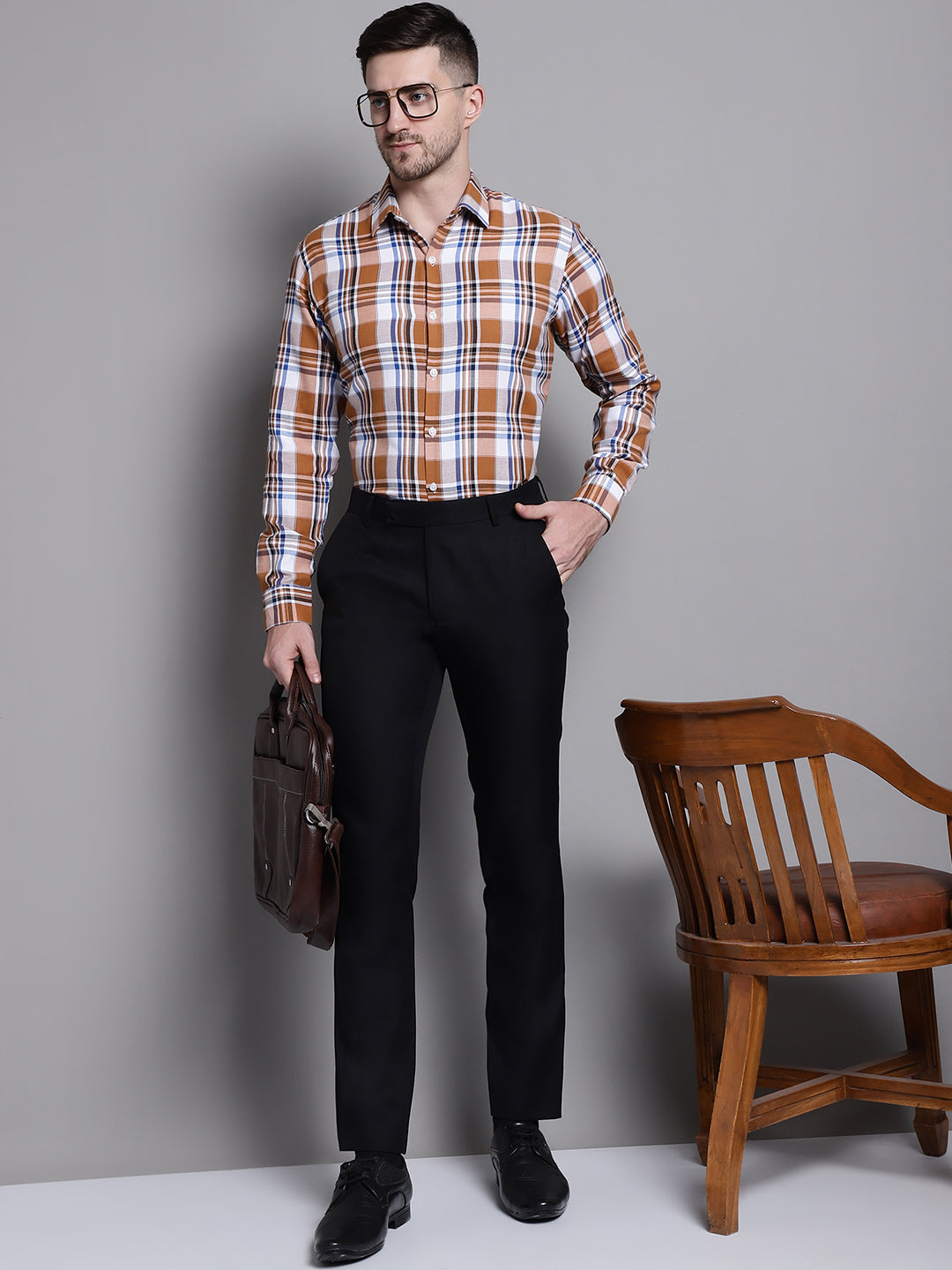 Jainish Men's Classic Checks Formal Shirt - Orange | Grocsy