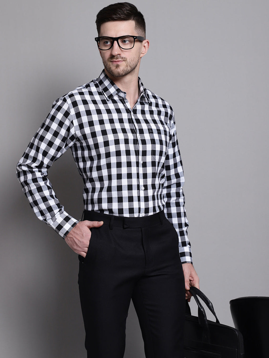 Jainish Men's Buffalo Check Formal Shirt - Black | Grocsy