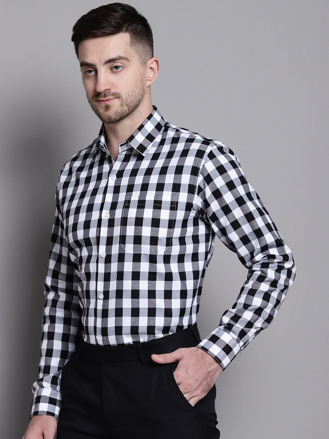 Jainish Men's Buffalo Check Formal Shirt - Black | Grocsy