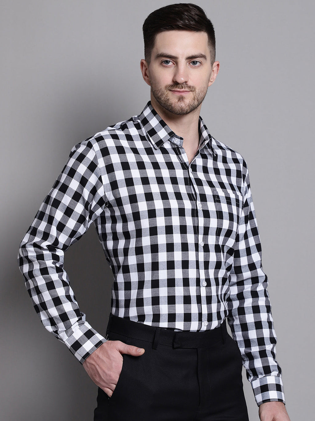 Jainish Men's Buffalo Check Formal Shirt - Black | Grocsy