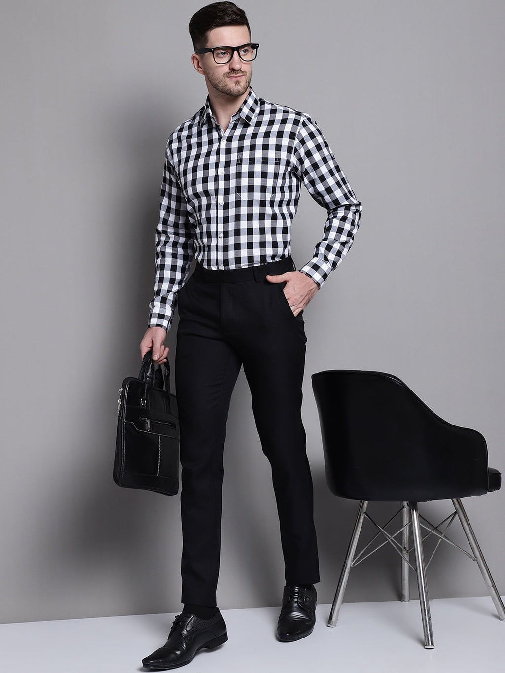 Jainish Men's Buffalo Check Formal Shirt - Black | Grocsy